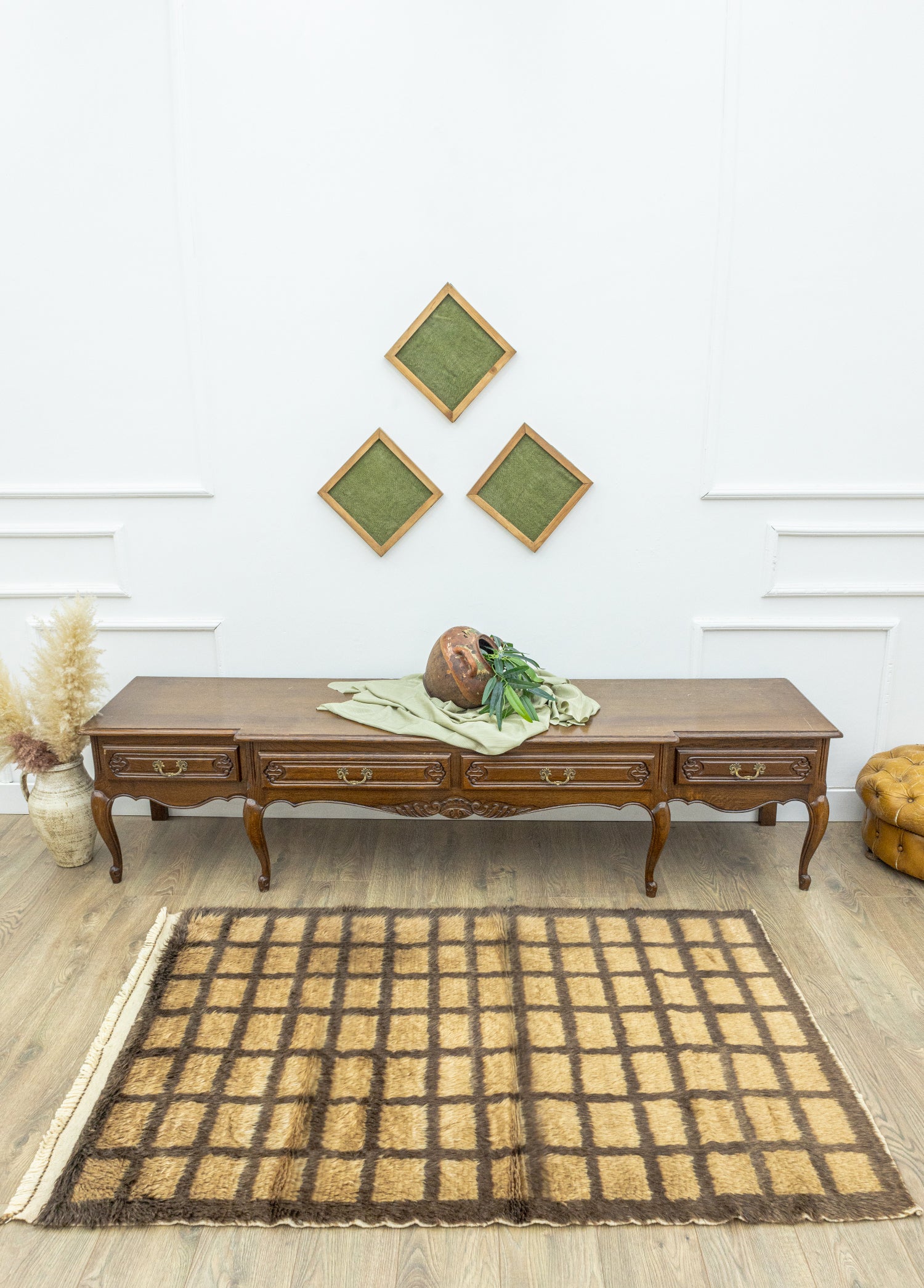 Okker Geometrik Desenli Tiftik Halı 144x177 cm