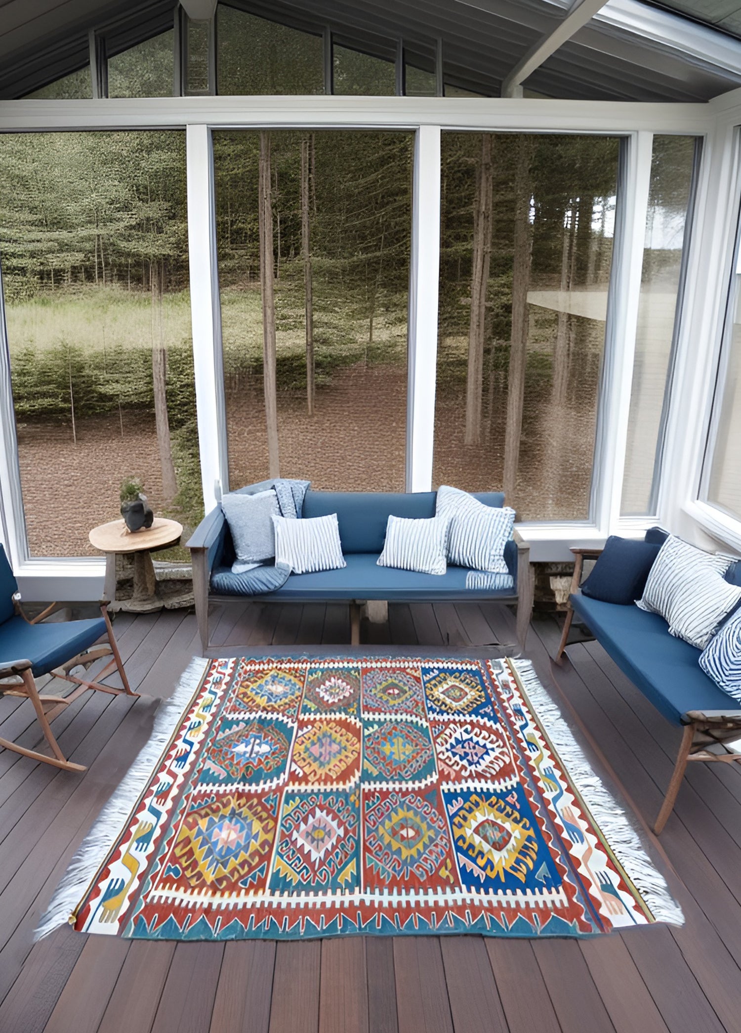 Mimoza Etnik Desenli El Dokuma Yün Kavak Kilim 111x125 cm