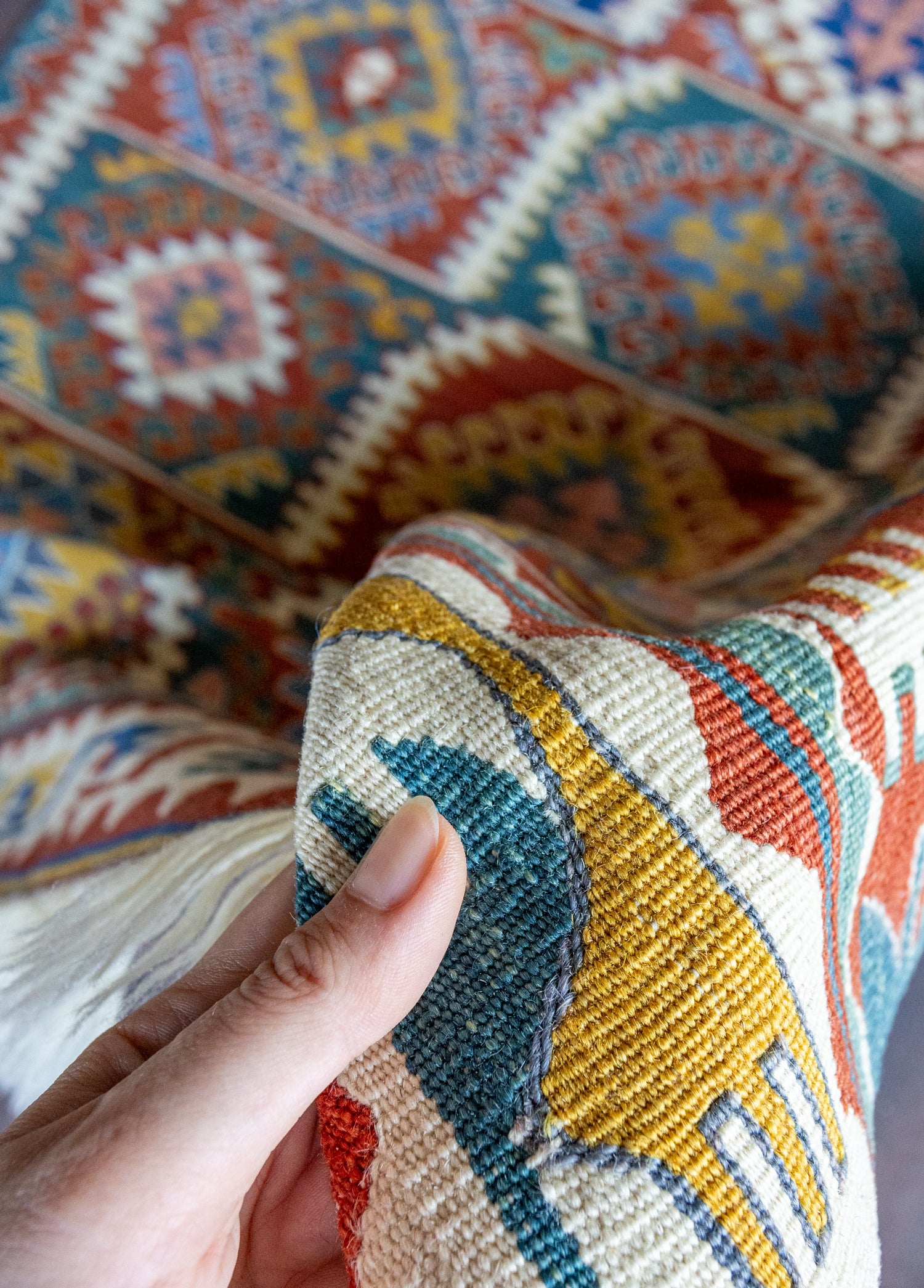Mimoza Etnik Desenli El Dokuma Yün Kavak Kilim 111x125 cm