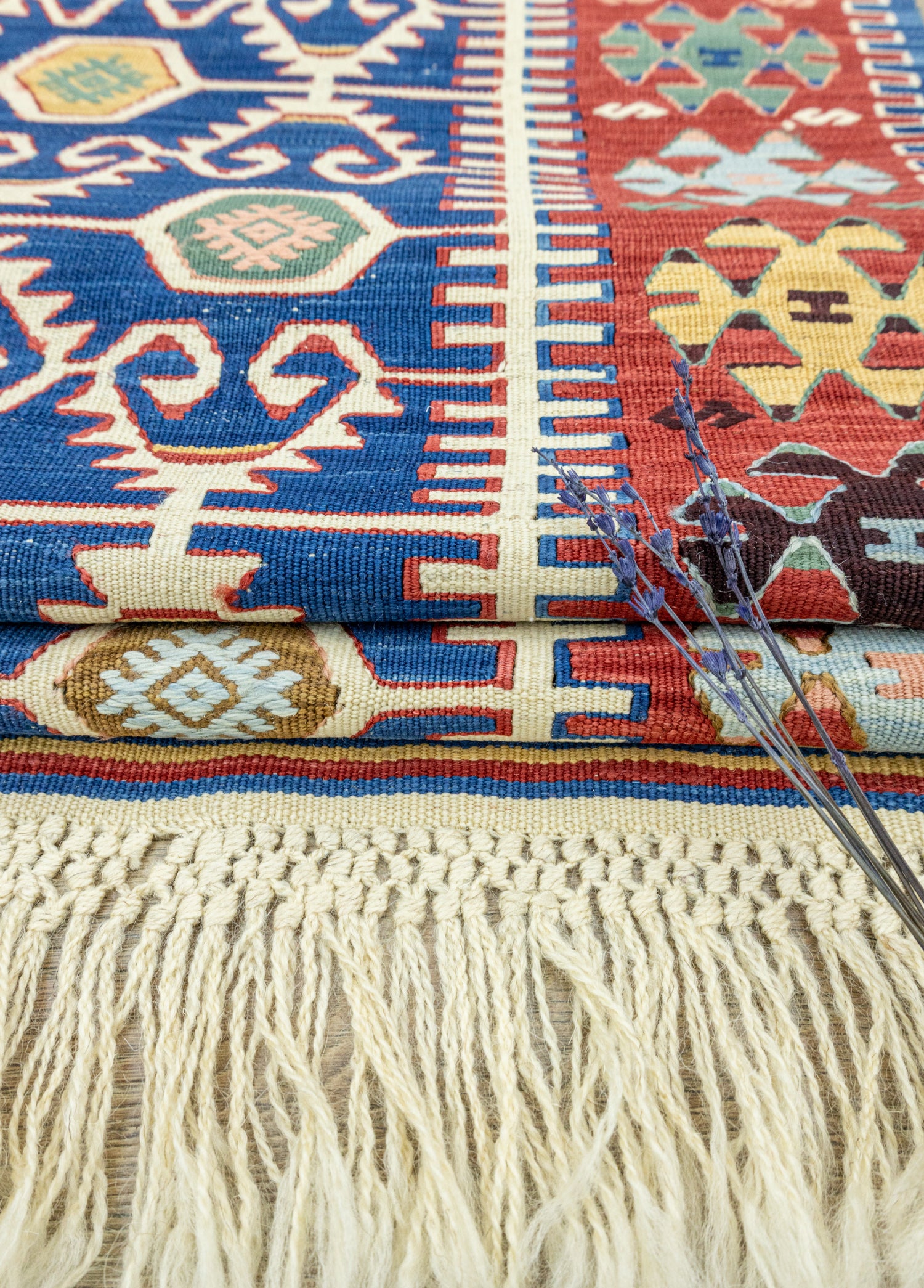 Koltan Geometrik Desenli Mavi Yün Kilim 202 x 293 cm