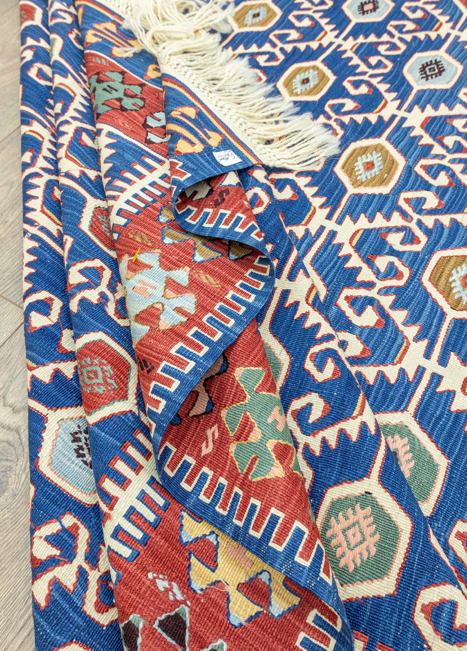 Koltan Geometrik Desenli Mavi Yün Kilim 202 x 293 cm