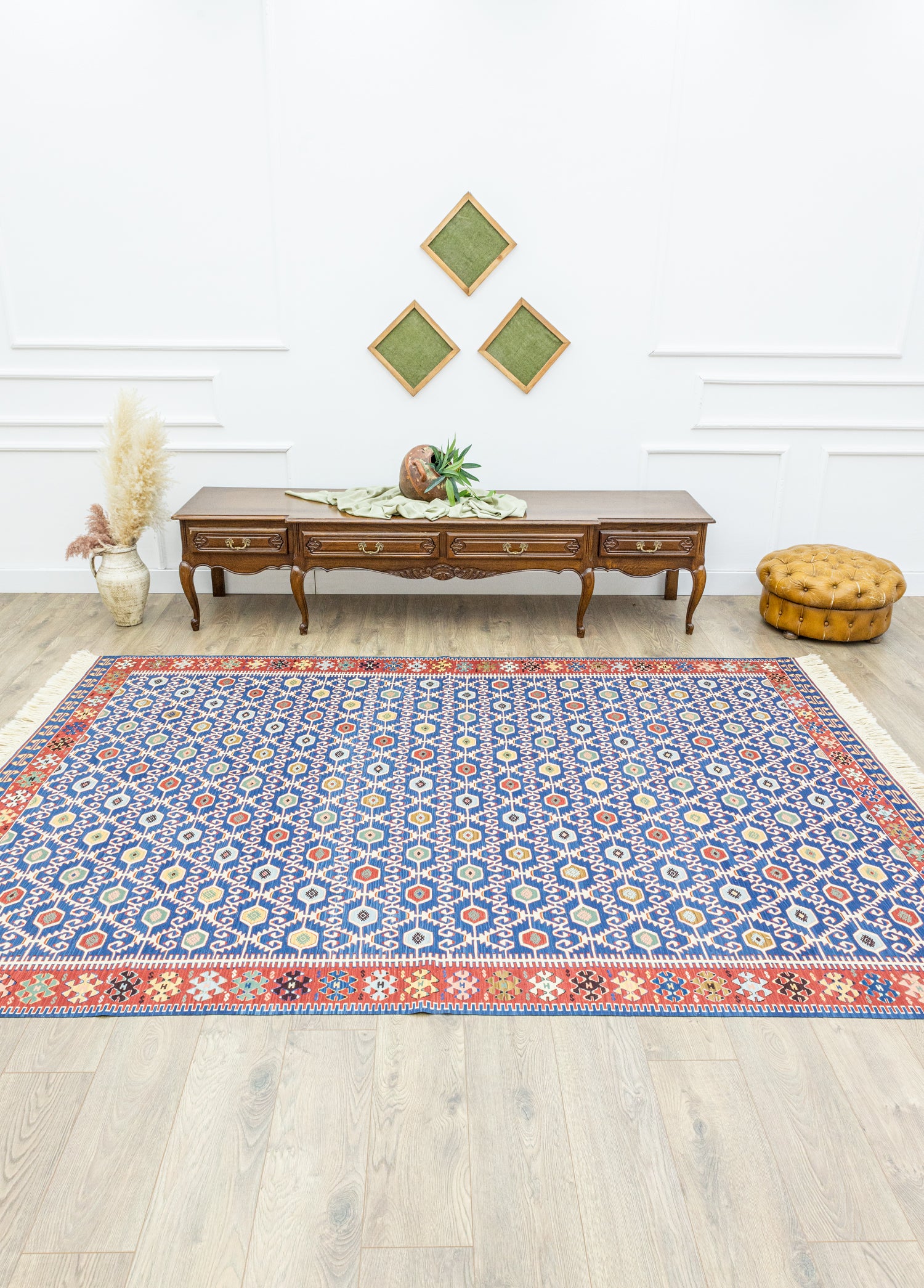 Koltan Geometrik Desenli Mavi Yün Kilim 202 x 293 cm